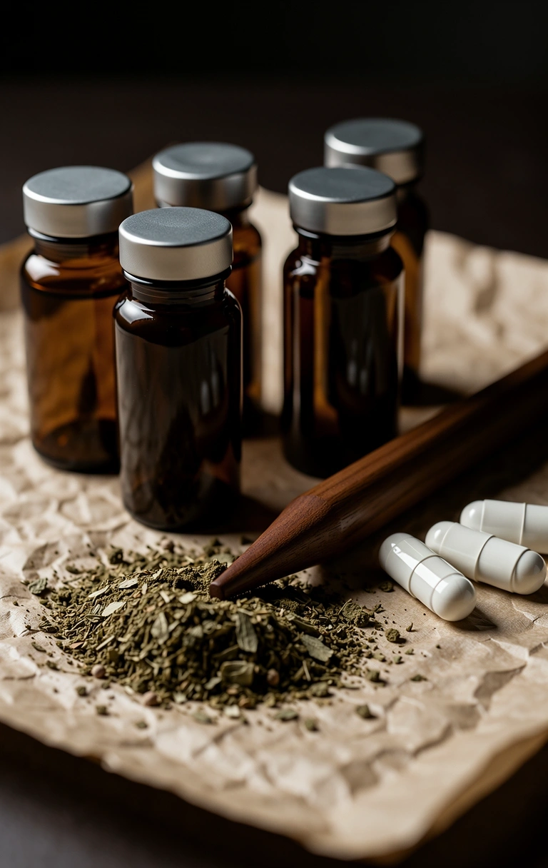 Apothecary glass and natural health supplements
