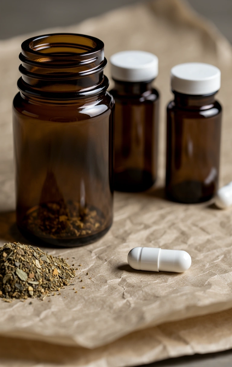 Apothecary glass and natural capsules representing data purity
