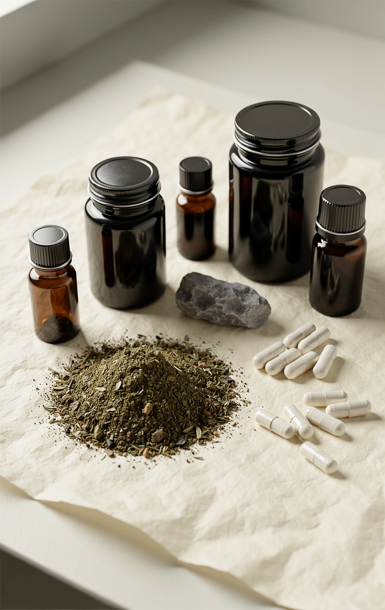 Botanical extracts and glass vials on parchment